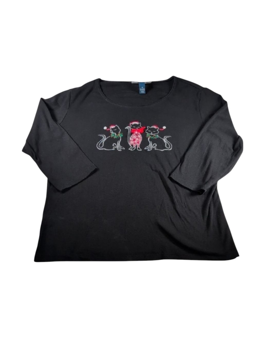 Karen Scott Christmas Embellished Cats 3/4 Sleeve Shirt Size 1X